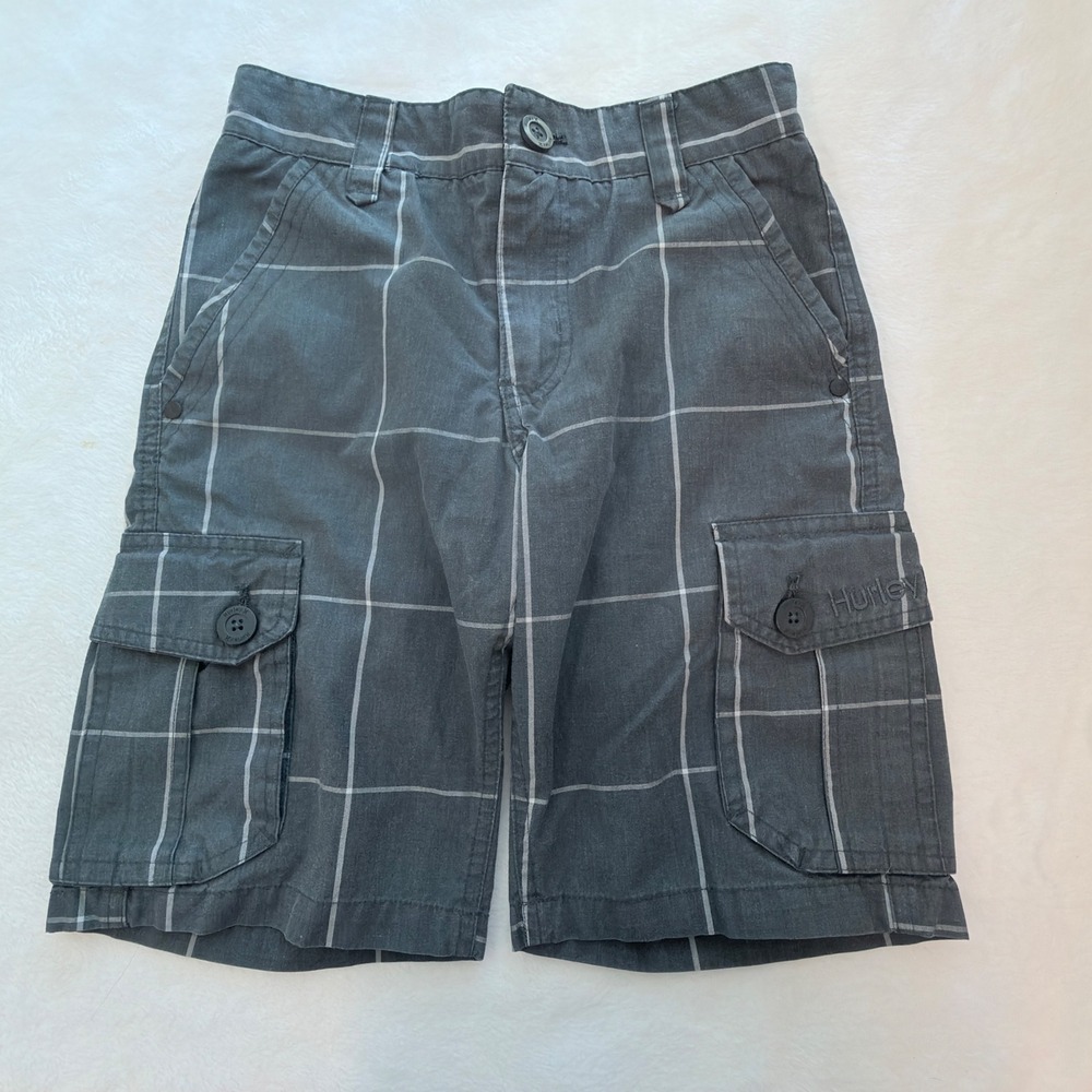 Hurley Cargo Shorts Boys Size 8 Grey Excellent Windowpane Plaid Skater 1272-G36